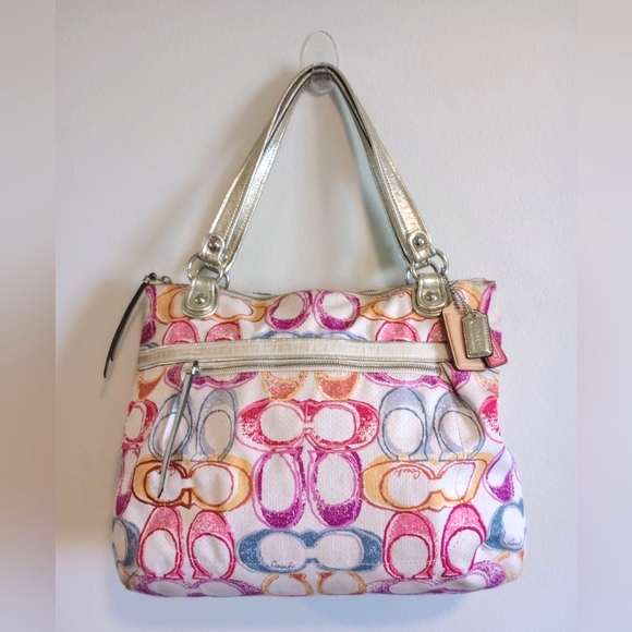 Coach Poppy Dream Multi Signature Optic Soulder Glam Tote Bag EUC - Picture 2 of 15